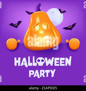 Frohes Halloween. 3D-Illustration des niedlichen Jack O Laterne orangefarbenen Kürbischarakters mit großem Grußschild auf lila Hintergrund. Hintergrund Zu Halloween-Feiertagen. Vektorabbildung Stock Vektor