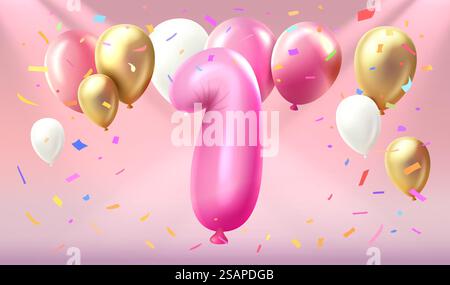 Happy Birthday Years Jubiläum der Person Geburtstag, Ballon in Form von Zahlen eins des Jahres. Vektor. Happy Birthday Years Jubiläum der Person Geburtstag, Ballon in Form von Zahlen eins des Jahres. Vektorabbildung Stock Vektor
