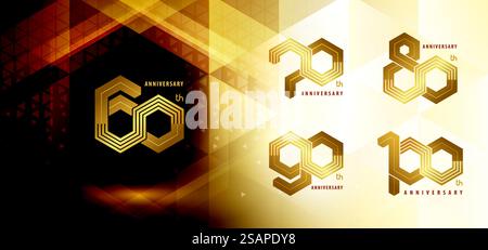 Set mit 60- bis 100-jährigem Jubiläum, 60- bis 100-jährigem Jubiläum. Abstraktes Hexagon Infinity mehrzeiliges Logo, 60,70,80,90,100 Jahre Logo für Feier. Netzwerk Polygon Geometrisch, Sechskantnummer Stock Vektor