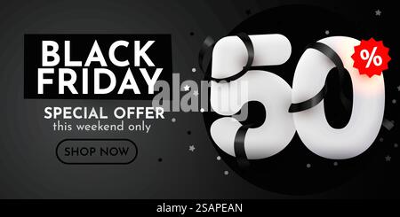 50 Prozent Rabatt. Black Friday Sale Komposition mit dekorativen Objekten, Ballons, goldenem Konfetti, Podium. Rabattbanner und Poster. Vektorabbildung... 50 Prozent Rabatt. Black Friday Sale Komposition mit dekorativen Objekten, Ballons, goldenem Konfetti, Podium. Rabattbanner und Poster. Stock Vektor