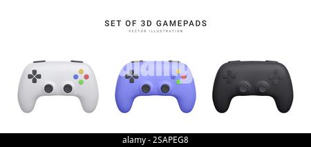 Set aus realistischen 3D-Gamepads, isoliert auf weißem Hintergrund. Videospielkonzept. Vektorabbildung. Stock Vektor