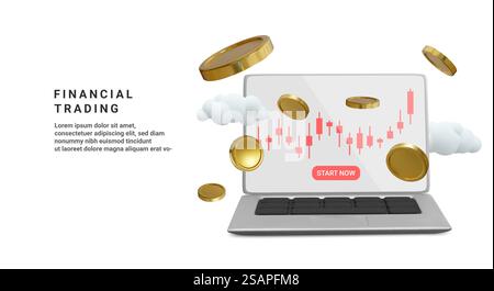 Finanzhandelsbanner im realistischen 3D-Stil. Kapitalhandel an der Börse. Vektorabbildung. Stock Vektor