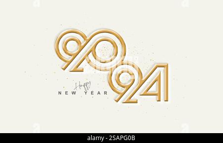Elegantes Design Happy New Year 2024. Mit glänzenden goldenen Zahlen. Designs für Poster, Banner und Glückwünsche zum neuen Jahr 2024. Stock Vektor