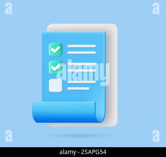 Checkliste auf 3D-Clipboard-Papier. Dokument in Testform mit Häkchen und Streifen abstrakte Fragen. Fragebogen mit Notizen. Zwischenablage und Häkchen. Vektorabbildung... Zwischenablage und Häkchen Stock Vektor