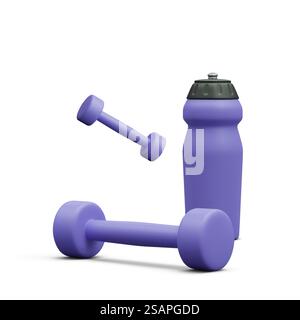 Set mit realistischer 3D-Sportausrüstung. Kurzhanteln und Wasserflasche isoliert auf hellem Hintergrund. Gesundes Lifestyle-Konzept. Fitnessbestand. Vektorabbildung. Stock Vektor
