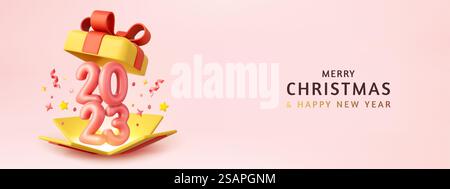 3D Happy New Year 2023. Öffnen Sie die Geschenkbox mit dem Nummernschild 2023. Frohe Weihnachten Hintergrund. Weihnachtsgeschenk. 3D-Rendering. Vektorabbildung. 3. Süße Überraschungs-Geschenkbox mit fallendem Konfetti Stock Vektor