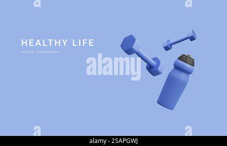 Set mit realistischer 3D-Sportausrüstung. Kurzhanteln und Wasserflasche isoliert auf hellem Hintergrund. Gesundes Lifestyle-Konzept. Fitnessbestand. Vektorabbildung. Stock Vektor