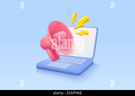 3D-Megaphon-Lautsprecher oder Lautsprecher-Bullhorn für Ansage-Werbung, Megaphon-Lautsprecher mit Laptop in sozialen Medien, Lautsprecher 3D-Notebook-Vektor-Symbol-Rendering-Illustrator für Alarmdurchsage Stock Vektor