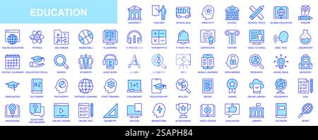 Web-Symbole im Bildungsbereich in blauer Linie. Paket Lehrer, Schule, Kreativität, Weisheit, Online-Bibliothek, E-Learning, Audiokurs, Zertifikat, Video-Tutorial, Sonstiges. Piktogramme für Kontur des Vektors Stock Vektor