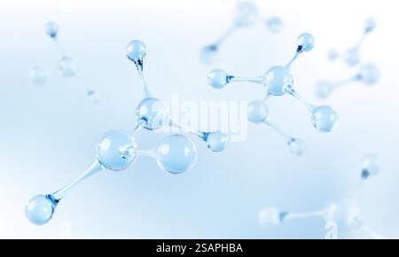 3D-Glasmoleküle oder -Atome auf hellblauem Hintergrund. Das Konzept der biochemischen, pharmazeutischen, Schönheitspflege, medizinischen. Wissenschaftlicher oder medizinischer Hintergrund. Vektor-3D-Illustration Stock Vektor