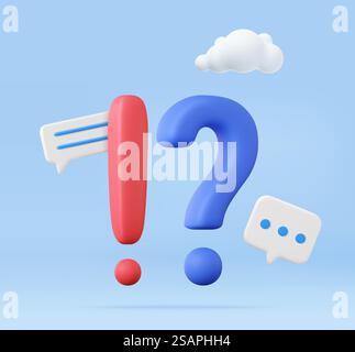 3D-Ausrufe und Fragezeichen. FAQ-Konzept. Stellen Sie Fragen, und erhalten Sie Antworten. Online-Support-Center. Häufig Gestellte Fragen. 3D-Rendering. Vektorabbildung. Ausrufe und Fragezeichen. Stock Vektor