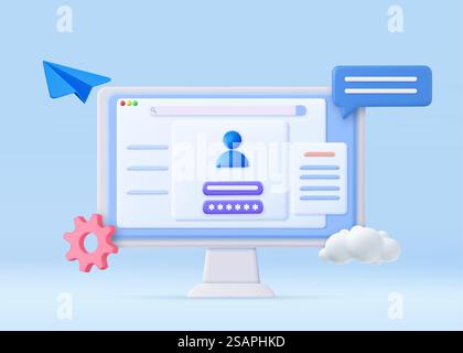 3D-Anmeldeseite für Computer und Konto und Kennwortformular auf dem Bildschirm. Anmeldung bei Konto, Benutzerautorisierung, Anmeldeauthentifizierungsseite Konzept. Felder Benutzername und Kennwort. 3D-Rendering. Vektorabbildung. Computer- und Kontoanmeldung und Passwort Stock Vektor