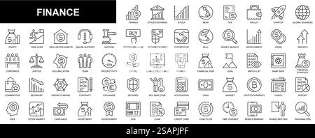Web-Symbole für Finanzdienstleistungen in dünner Linienform. Paket mit Börse, Darlehen, Steuern, Wallet, Start-up, globales Geschäft, Gewinn, Online-Support, Kauf, Partnerschaft, Sonstiges. Piktogramme für Kontur des Vektors Stock Vektor