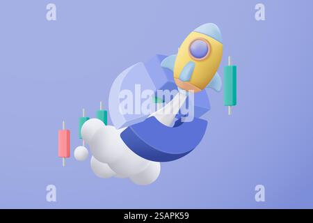 3D-Diagramm für den Aktienhandel im Markt im Hintergrund. Verkaufen und kaufen Sie Geld, Bargeld und Tausch mit dem Finanzierungskonzept und verdienen Sie Investitionen. 3D-Vektorsymbol für den Handel mit Banken für die Darstellung von Investitionen Stock Vektor