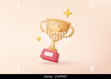 3D-Gewinnerpreis mit goldenem Pokal, goldene Gewinnersterne für die Belohnungszeremonie. Preisverleihung erstes und zweites und drittes Konzept auf dem Podium. 3D-Trophäensymbol-Vektor-Rendering isoliert auf Pastellhintergrund Stock Vektor
