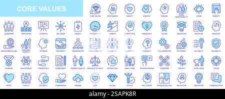 Grundwerte Websymbole in blauer Linie. Paket von Wohltätigkeit, Einfühlungsvermögen, Leidenschaft, sozialer Verantwortung, Vision, Führung, Reputation, Strategie, Einfluss, Sonstiges. Piktogramme für Kontur des Vektors Stock Vektor