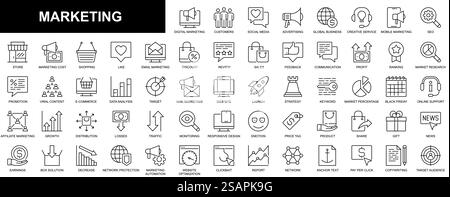 Marketing-Websymbole in dünner Linienform. Paket mit sozialen Medien, Werbung, globalem Geschäft, seo, viralen Inhalten, Online-Shopping, -Bewertung, -Verkauf, -Feedback und anderes. Piktogramme für Kontur des Vektors Stock Vektor