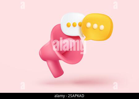 3D-Megaphon-Lautsprecher oder Lautsprecher-Bullhorn für Ansage-Werbung im Hintergrund, Megaphon-lauter Hailer mit Mikrofon, Freisprechanlage 3D-Symbol-Vektor-Illustration für Warnung und Ansage Stock Vektor