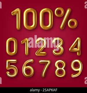 Set aus goldenen 3D-Zahlen mit Prozentzeichen auf weißem Hintergrund. Designelement für Verkaufsbanner, Rabatte oder Bankkarte. Goldene Folienballons Zahlensatz. Set aus goldenen 3D-Zahlen mit Prozentzeichen auf weißem Hintergrund. Stock Vektor