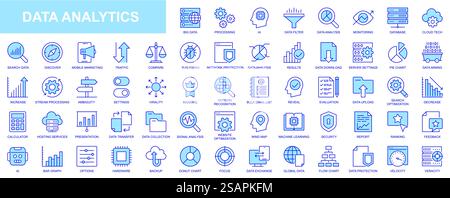 Web-Symbole für Datenanalyse in blauer Linie. Paket mit Datenbanken, Big-Data-Prozessen, KI, Überwachung, Datenverkehr, Hosting-Service, Optimierung, Sicherung, Diagramm und andere. Piktogramme für Kontur des Vektors Stock Vektor