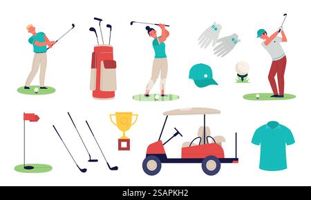 Golfausrüstung. Golfspieler-Charaktere mit Schlägern, Treffer-Moment, Ballpicking-Maschine, Siegerpokal, Spielerhandschuhe, t-Shirt und Kappe, markiertes Loch, Sommer-Outdoor-Sport, Vektor-Cartoon flach isoliert Set. Golfausrüstung. Golfspieler-Charaktere mit Schlägern, Treffer-Moment, Ballpicking-Maschine, Siegerpokal, Spielerhandschuhe, markiertes Loch, Sommer-Outdoor-Sport, Vektor-Zeichentrickfilm flach isoliert Set Stock Vektor