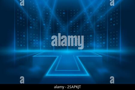 Abstrakte futuristische Lichter Linien Hintergrund. Eleganter Lichteffekt. Helle Punkte auf der Bühne leuchten. Abstrakte dynamische Lichtlinien zeigen. Laser futuristische Formen und Spotlights auf blauem Hintergrund. Stock Vektor