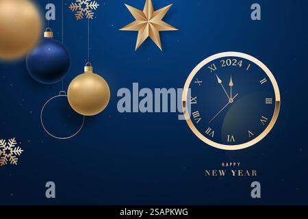 Happy New Year Banner mit goldener Uhr. Goldene Kugeln, Schneeflocken und Sterne hängen. Die Uhr zeigt fünf Minuten bis 2024 an. Stock Vektor