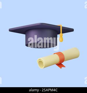 3D-Abschlussmütze und Diplom-Cartoon. 3D-Rendering-Studentenmörtel und Diplomabschlusskonzept. Vektorabbildung. Abschlussmütze und Diplom-Cartoon Stock Vektor