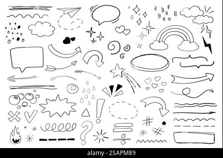 Doodle-Objekte im flachen Zeichentrickdesign. Bündel von Tintenleitungen, Papierflugzeug, Sprechblase, Funkeln, Wolken, regenbogen, Herz, Stern, Curl und andere. Vektorabbildung isolierte grafische Symbole Stock Vektor