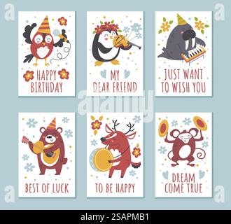 Tiere Geburtstagsgrußkarten. Lustige Zeichentrickfiguren spielen verschiedene Musikinstrumente. Glückwunsch für Kinder im Urlaub. Jazzband. Niedlicher Affe oder wildes Hirsch mit Blumen und Text. Vektorpostkarten Set. Tiere Geburtstagsgrußkarten. Zeichentrickfiguren spielen verschiedene Musikinstrumente. Glückwunsch für Kinder im Urlaub. Jazzband. Affe oder Wildhirsch mit Blumen und Text. Vektorpostkarten Set Stock Vektor