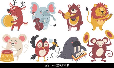 Tiermusiker. Kinder Cartoon Charaktere Musikband, fröhliches lustiges Instrumentalorchester, wilde Kreationen Party, niedliche Fauna mit Gitarre, Schlagzeug und Flöte, Vektor Cartoon Flat Stil isoliert Set. Tiermusiker. Kinder Cartoon Charaktere Musikband, fröhliches lustiges Instrumentalorchester, wilde Kreationen Party, niedliche Fauna mit Gitarre, Schlagzeug und Flöte, Vektor isoliertes Set Stock Vektor