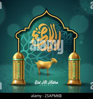 Eid Al Adha Hintergrund. Islamische arabische Laternen und Schafe. Übersetzung Eid Al Adha. Grußkarte. Vektorabbildung. Stock Vektor