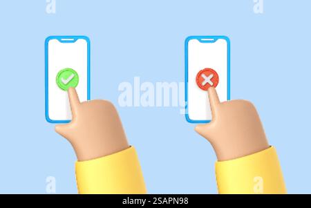 3D-Cartoon-Hände verwenden Smartphone mit Häkchen. Genehmigen und ablehnen auf dem Smartphone. Häkchen und Gegenkreuze. Symbole Häkchen und Kreuz auf dem Smartphone-Bildschirm. Vektor-3D-Illustration Stock Vektor