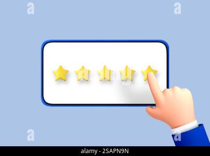 3D-Comic-Geschäftsmann Hand mit Smartphone mit Pop-up-fünf-Sterne-Symbol für Feedback. Menschliche Hand markiert 5-Sterne-Bewertung auf dem Smartphone. Positives Kundenerlebnis. Stock Vektor
