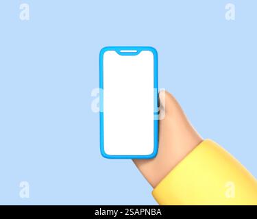3D-Cartoon-Handheld-Smartphone mit leerem Bildschirm auf blauem Hintergrund. Menschliche Hand zeigt modernes Smartphone mit leerem Display. Vektor-3D-Illustration Stock Vektor
