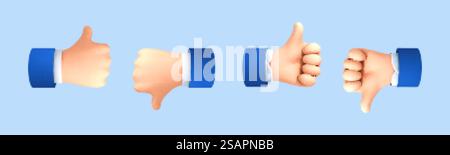 3D-Zeichentrickzeiger mit Daumen nach oben und unten auf blauem Hintergrund. Abstimmungs- oder Bewertungszeichen-Konzept. Vektor-3D-Illustration Stock Vektor