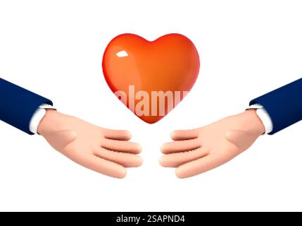 3D-Zeichentricksymbol rotes Herz in zwei Händen. Vektor-Cartoon-Hände halten rotes Herz. Realistische Darstellung von Spenden, Liebe oder Wohltätigkeit Stock Vektor
