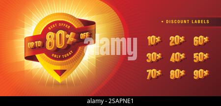 Rabattmarken, abstrakte Red Map Pin Offer Sale Discount Labels, Discount Tags Collection mit Prozentsatz, komprimierte Schriftart, 50%, 60%, 70, 80 %, 90 % Verkaufsförderung. Preisnachlass Stock Vektor