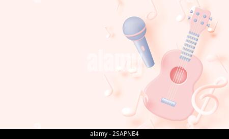 Gitarre oder Ukulele mit Musiknoten, Lied, Melodie oder Tune 3D realistisches Vektorsymbol für Musik-Apps und Websites Hintergrundvektorillustration Stock Vektor