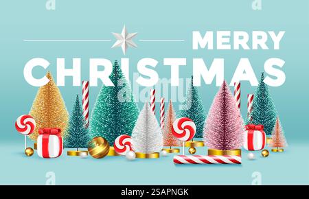 Weihnachtskomposition mit weißen, grünen und goldenen Weihnachtsbäumen, Bonbons, traditionellen Ornamenten und Geschenkschachteln. Weihnachtsbanner-Design. Vektor-3D-Illustration Stock Vektor