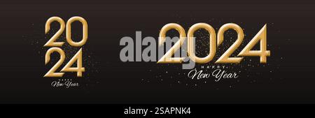 Modernes Design Happy New Year 2024. Mit luxuriösen Goldnummern. Schwarzer Hintergrund mit einer Kombination aus modernen Goldzahlen. Stock Vektor