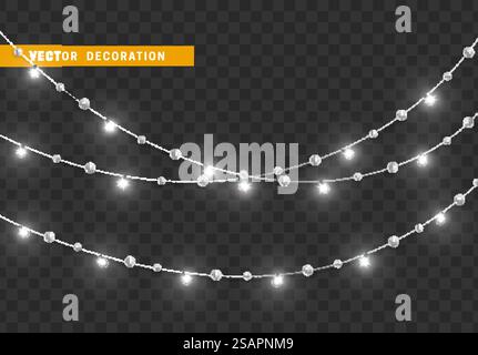 Weihnachtsdekoration, isoliert auf transparentem Hintergrund. Weißes Licht Girlanden realistisches Set. Silberne Weihnachtsdekoration. Festliches Designelement. Weihnachtsdekoration isoliert auf transparentem Hintergrund. Stock Vektor
