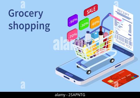 Einkaufskonzept für Online-Lebensmittel. Isometrischer Warenkorb mit frischen Speisen und Getränken. Bestellen Sie Lebensmittel und Lebensmittel online über die App per Smartphone. Vektorabbildung in abgewickelter Form. Einkaufskonzept für Online-Lebensmittel. Stock Vektor