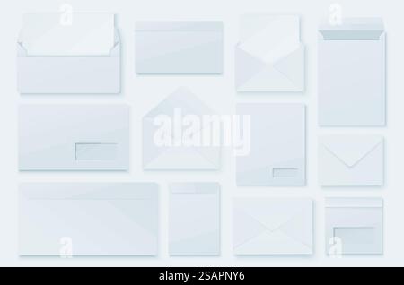 Weiße Briefumschläge Mega-Set in realistischem 3D-Design. Bündeln Sie Elemente verschiedener Formate geschlossener und geöffneter Briefumschläge für Dokumente und Briefe. Vektorillustration isolierte Grafikobjekte Stock Vektor