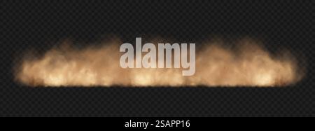 Staubsandwolke mit Steinen und fliegenden staubigen Partikeln isoliert auf transparentem Hintergrund. Braune, staubige Wolke oder trockener Sand fliegen. Realistische Vektordarstellung. Stock Vektor