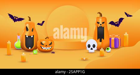 Halloween Orange Thema Produktanzeige Podium auf Papier grafischem Hintergrund mit Gruppe von 3D Illustration Jack O Laterne Kürbis und Kerzenlicht. Vektor-3D-Illustration Stock Vektor