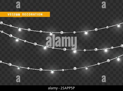 Weihnachtsdekoration, isoliert auf transparentem Hintergrund. Weißes Licht Girlanden realistisches Set. Silberne Weihnachtsdekoration. Festliches Designelement. Weihnachtsdekoration isoliert auf transparentem Hintergrund. Stock Vektor