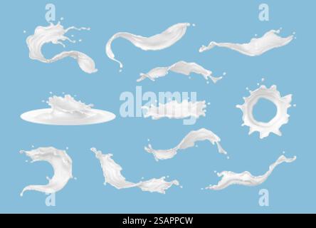 Realistische Milchspritzer mit Tropfen und Spritzern. Spritzer Milch oder weiße Flüssigkeit isoliert auf blauem Hintergrund. Flüssigkeitsströmungsströme eingestellt. Milchiges oder frisches Milchprodukt. Vektor realistisch. Stock Vektor