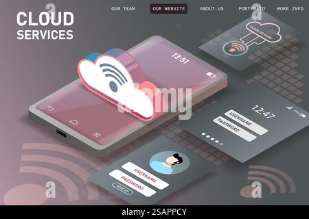 Cloud-Computing-Konzept. Datenschutz, Datenbanksicherheit. Vektorabbildung im isometrischen Stil Stock Vektor