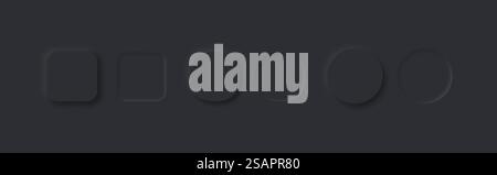 Satz von dunklen Vektortasten im Neomorphismusstil. Schwarze, weiche Designelemente für die Benutzeroberfläche. Neomorphe Schaltflächen für Apps, Webs, Schnittstellen. Stock Vektor